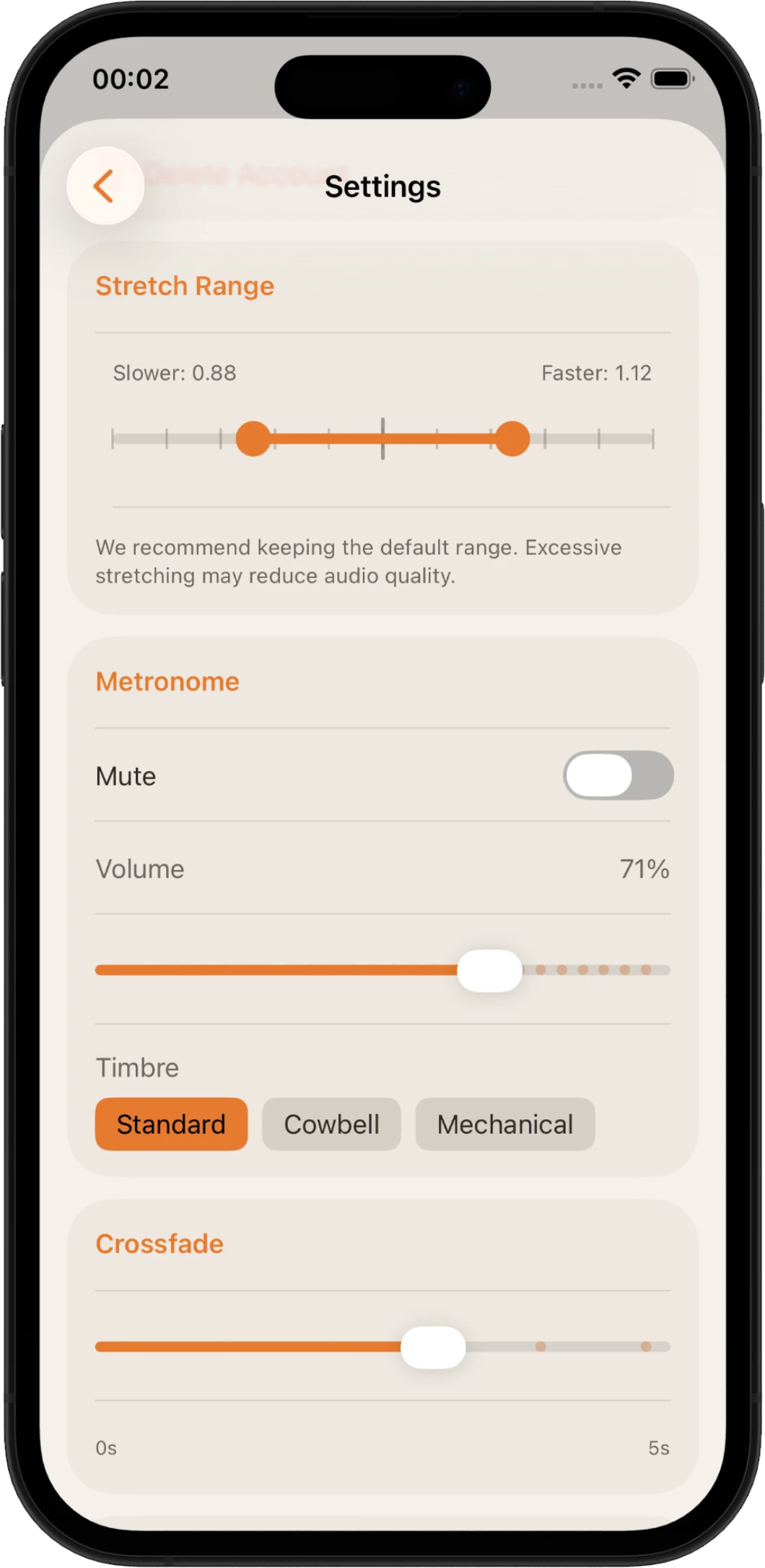 Groovement settings screen on iOS